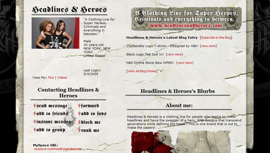 Headlines & Heroes basic myspace design