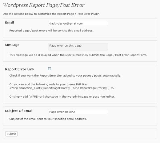 report page error admin options screenshot