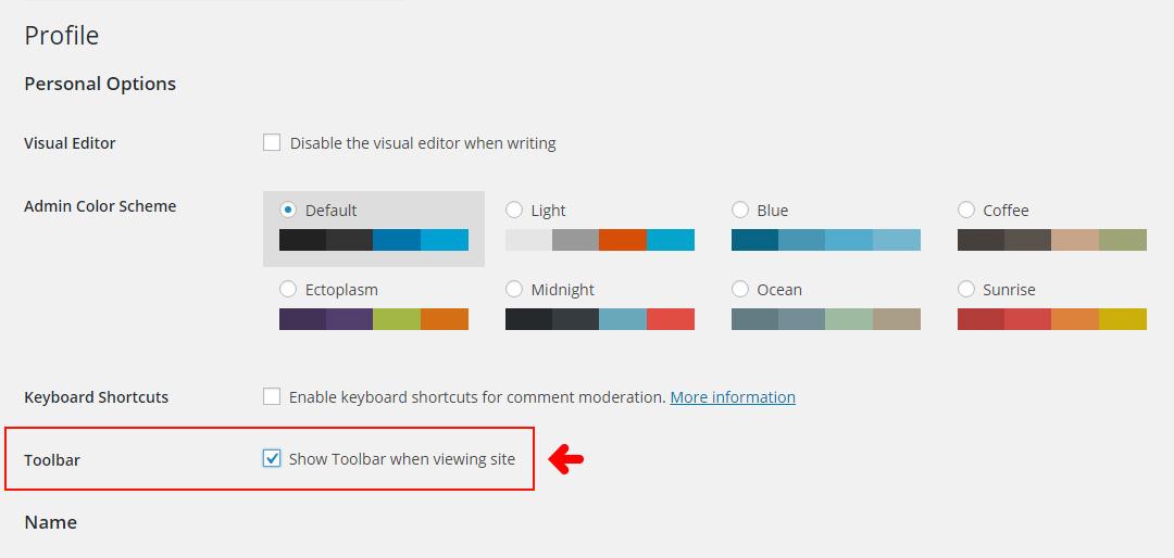 WordPress Dashboard - Toggle Toolbar On/Off for Users